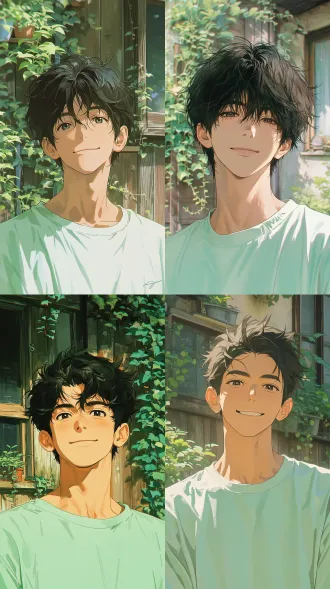 pseudo-thick painting, obvious painterly texture, visible brush strokes, cinematic color grading, cinematic image quality, matte finish, atmospheric, unified fresh green tone, korean manhwa style, 2.5d illustration, semi-realistic anime, refined character design, vintage film photo, film grain, retro 35mm film, soft diffused natural daylight, close-up bust portrait, handsome young east asian teenage boy, fluffy short black hair, clear dark eyes, calm gentle expression, pale natural skin, light mint green simple t-shirt, old courtyard backyard, climbing green vines and potted plants, weathered wooden wall and old window, soft bokeh background, fresh summer atmosphere, natural skin texture, candid snapshot, lifelike, ultra detailed, 8k