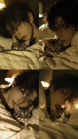 korean manhwa style, 2.5d semi-realistic illustration, pseudo-thick painting, obvious visible brush strokes, cinematic color grading, cinematic image quality, matte texture, atmospheric, unified dim warm tone, vintage film photo, heavy film grain, extreme close-up on face, handsome young east asian teenage boy, messy fluffy medium-length black hair, hair strands fall over eyes, tired soft dark eyes, lazy calm expression, fair skin, lying sideways on bed wrapped in cream white quilt, a cute tabby cat snuggled in front of his face, cat resting on the blanket, dim warm bedside lamp lighting, face fill lighting, sharp clear facial features, light bounce back onto character's face from bedding, realistic wrinkled sheets with natural folds, face occupies most of the frame, cozy bedroom, shallow depth of field, soft bokeh, natural subtle skin texture, lifelike, ultra detailed, 8k masterpiece