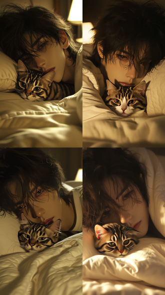 korean manhwa style, 2.5d semi-realistic illustration, pseudo-thick painting, obvious visible brush strokes, cinematic color grading, cinematic image quality, matte texture, atmospheric, unified dim warm tone, vintage film photo, heavy film grain, extreme close-up on face, handsome young east asian teenage boy, messy fluffy medium-length black hair, hair strands fall over eyes, tired soft dark eyes, lazy calm expression, fair skin, lying sideways on bed wrapped in cream white quilt, a cute tabby cat snuggled in front of his face, cat resting on the blanket, dim warm bedside lamp lighting, face fill lighting, sharp clear facial features, light bounce back onto character's face from bedding, realistic wrinkled sheets with natural folds, face occupies most of the frame, cozy bedroom, shallow depth of field, soft bokeh, natural subtle skin texture, lifelike, ultra detailed, 8k masterpiece