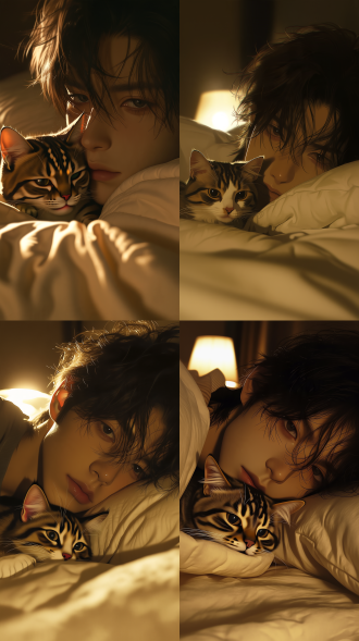 korean manhwa style, 2.5d semi-realistic illustration, pseudo-thick painting, obvious visible brush strokes, cinematic color grading, cinematic image quality, matte texture, atmospheric, unified dim warm tone, vintage film photo, heavy film grain, extreme close-up on face, handsome young east asian teenage boy, messy fluffy medium-length black hair, hair strands fall over eyes, tired soft dark eyes, lazy calm expression, fair skin, lying sideways on bed wrapped in cream white quilt, a cute tabby cat snuggled in front of his face, cat resting on the blanket, dim warm bedside lamp lighting, face fill lighting, sharp clear facial features, light bounce back onto character's face from bedding, realistic wrinkled sheets with natural folds, face occupies most of the frame, cozy bedroom, shallow depth of field, soft bokeh, natural subtle skin texture, lifelike, ultra detailed, 8k masterpiece