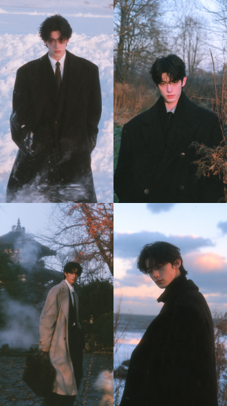 handsome chinese youth, full-body portrait, panoramic view, first love, korean style, eastern aesthetics, winter, overcoat, 霸总风, 英伦风，full-body, full-body