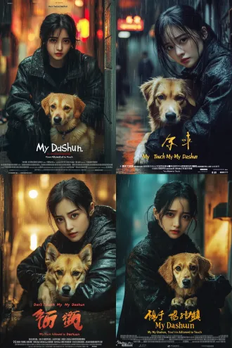 vertical 2:3 short drama poster, hongguo viral cover style, only two subjects: female lead wen xingyao and her loyal golden-brown chinese rural dog dashun. 26-year-old woman, black mid-length coat, white t-shirt, black hair, pale skin, cold fierce determined eyes staring at camera, half-crouching and shielding the dog, one arm blocking protectively, as if warning "don't touch my dashun". dog: 1-year-old golden-brown chinese rural dog, small notch on left ear, wet fur, tucked close to her chest/side, wary pleading loyal eyes, trusting. vertical 2:3 composition: place the two subjects in the lower-middle area, leave the top 1/3 as negative space for a big title; female face and dog's left ear notch unobstructed. blurred rainy night alley/company downstairs, warm yellow street lamp, wet reflective ground, cold blue rain vs warm light, distant vague wall/fence shadow, no clear villain. cinematic realistic, short drama cover, high contrast, high detail, emotional, shallow depth of field, rim light. title text exact chinese: 我的大顺，你们不许碰; bold large font with red-yellow-white outline, placed in the top 1/3, two lines, no covering faces. negative: extra people, villain face, wrong breed, missing ear notch, typo, watermark, logo, blurry, distorted, extra fingers/limbs, costume change, character drift, horizontal 3:2