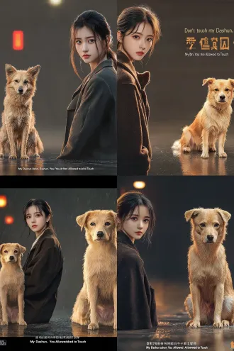 image 1 is the female lead, image 2 is dashun. vertical 2:3 short drama poster, hongguo viral cover style, only two subjects: female lead wen xingyao and her loyal golden-brown chinese rural dog dashun. 26-year-old woman, black mid-length coat, white t-shirt, black hair, pale skin, cold fierce determined eyes staring at camera, half-crouching and shielding the dog, one arm blocking protectively, as if warning "don't touch my dashun". dog: 1-year-old golden-brown chinese rural dog, small notch on left ear, wet fur, tucked close to her chest/side, wary pleading loyal eyes, trusting. vertical 2:3 composition: place the two subjects in the lower-middle area, leave the top 1/3 as negative space for a big title; female face and dog's left ear notch unobstructed. blurred rainy night alley/company downstairs, warm yellow street lamp, wet reflective ground, cold blue rain vs warm light, distant vague wall/fence shadow, no clear villain. cinematic realistic, short drama cover, high contrast, high detail, emotional, shallow depth of field, rim light. title text exact chinese: 我的大顺，你们不许碰; bold large font with red-yellow-white outline, placed in the top 1/3, two lines, no covering faces. negative: extra people, villain face, wrong breed, missing ear notch, typo, watermark, logo, blurry, distorted, extra fingers/limbs, costume change, character drift, horizontal 3:2.