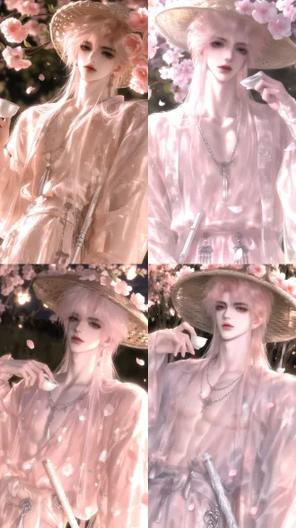 2.5d semi-realistic, korean pseudo-thick painting, masterpiece, best quality, 8k, ultra-detailed, cinematic rim light, soft warm lighting, shallow depth of field, dreamy bokeh, medium shot, slightly low angle, front shot, looking at viewer, handsome young east asian man, long gradient light pink hair, delicate facial features, gentle eyes, woven wide-brimmed bamboo hat decorated with peach blossoms, flowing light pink ancient chinese hanfu, translucent gauze fabric, delicate white flower embroidery on clothes, multi-layer silver bead tassel necklace, silver tassel accessories on waist, carved white jade flute hanging on waist, wide cuffs fluttering in wind, one hand holding small white ceramic wine cup near mouth, dancing twirling pose, peach blossom forest at dusk, full blooming pink peach blossoms, falling peach petals in air, warm backlight, soft pink tone, romantic ethereal ancient atmosphere, petals scattered on ground