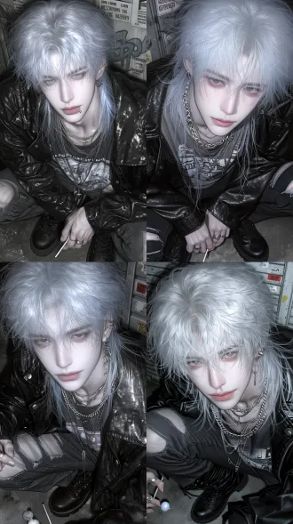 masterpiece, 8k ultra hd, 2.5d semi-realistic, korean fake thick paint, delicate skin texture, soft focus, high angle overhead shot, bust portrait, character close-up, cinematic lighting, focus on face, handsome young man, abi subculture style, cool pale translucent skin, delicate facial light and shadow layers, exquisite facial features, sharp clear jawline, tall and slender nose bridge, neat delicate lines, narrow world-weary eyes, lazy blurred gaze, broken red eye makeup on lower lash line, full lips, silver lip piercing, cold rebellious world-weary abi temperament, fluffy soft medium long messy hair with white-blue gradient, silver white hair roots, lake blue hair ends, multiple silver rings on fingers, multi-layer heavy metal silver necklaces, squatting pose, holding lollipop, focus on lollipop, black matte heavy-duty leather jacket, black printed t-shirt inside, black heavily ripped cargo jeans, thick sole strap martin boots, graffiti cement wall, industrial street shop environment, warning stickers on ground, rough concrete floor, blurred background, on-camera flash lighting, hard texture light, strong contrast between light and shadow, street atmosphere, extremely delicate fabric texture, natural cloth folds, best quality, cinematic atmosphere, perfect composition, exquisite facial features, hair strands distinct one by one