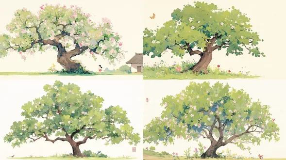 一棵大大的栗子树，树上开着白色的花。中国水墨画风格，水彩画，极简主义，卡通，儿童绘本风格，卡通插图，色彩鲜艳，强烈对比，有重色调，4k