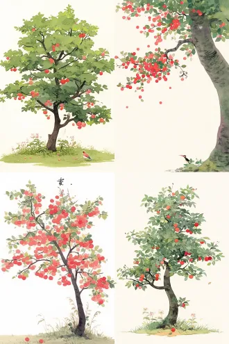 一棵花楸树，没有叶子，树上有一串串的红彤彤的果子。中国水墨画风格，水彩画，极简主义，卡通，儿童绘本风格，卡通插图，色彩鲜艳，强烈对比，有重色调，4k