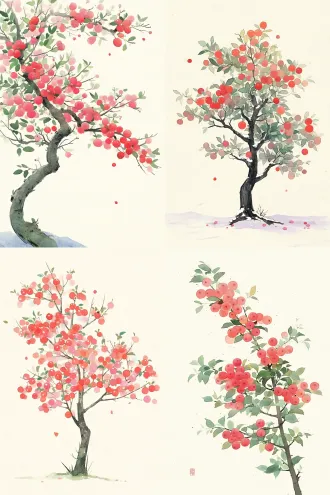 一棵花楸树，没有叶子，树上有一串串的红彤彤的果子。中国水墨画风格，水彩画，极简主义，卡通，儿童绘本风格，卡通插图，色彩鲜艳，强烈对比，有重色调，4k