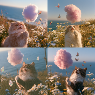 写实宠物摄影，画面为上半身特写，绝对不要拍到猫猫的脚 一只漂亮可爱的猫咪，澄澈明亮的大眼睛，乖巧软萌， 猫咪拿着一跟小细木棒，木棒另一端是一个很大的、蓬松的、圆圆的、散发着微光、马卡龙香芋紫色棉花糖，张嘴微笑。好几只3d立体、色彩斑斓、大小不一的蝴蝶蝴蝶环绕在猫咪四周悬浮飞舞，蝴蝶不虚化。 场景设在开阔的海边草地，背景有蔚蓝的大海和微风中摇曳的野花，野花有白色、黄色、蓝色。开阔清新的郊外青草地背景，远处是柔和朦胧的海面，黄金时刻暖金色柔光，温柔轮廓逆光，阳光穿过空气形成细碎闪烁的光斑，空气中有柔和丁达尔光，梦幻超现实治愈氛围，柔和虚化背景散景，35mm 胶片颗粒，轻微柔焦，写实摄影，细腻毛发质感，高细节，画面干净柔和