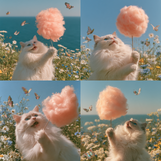 写实宠物摄影，画面为上半身特写，绝对不要拍到猫猫的脚。 蓬松长毛白色布偶猫，澄澈明亮的蓝眼睛，乖巧软萌。 猫咪拿着一跟小细木棒，木棒另一端是一个很大的、蓬松的、圆圆的、散发着微光、蜜桃粉色棉花糖，张嘴微笑。好几只3d立体、色彩斑斓、大小不一的蝴蝶蝴蝶环绕在猫咪四周悬浮飞舞，蝴蝶不虚化。 场景设在开阔的海边草地，背景有蔚蓝的大海和微风中摇曳的野花，野花有白色、黄色、蓝色。开阔清新的郊外青草地背景，远处是柔和朦胧的海面，黄金时刻暖金色柔光，温柔轮廓逆光，阳光穿过空气形成细碎闪烁的光斑，空气中有柔和丁达尔光，梦幻超现实治愈氛围，柔和虚化背景散景，35mm 胶片颗粒，轻微柔焦，写实摄影，细腻毛发质感，高细节，画面干净柔和