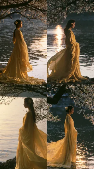 medium shot, a young chinese woman in flowing yellow robe standing beneath a flowering tree by a lake, a small pale flower pinned at her temple, her robe and skirt hem drifting in the breeze, she stands sideways gazing at the lake surface, her expression gentle and ethereal, as if she has stepped out of a painting, the lake behind her catching the last warm light, her reflection visible in the water, petals drifting, visible skin texture, natural east asian features, 35mm kodak film grain, 1970s hong kong wuxia film still, eastmancolor, warm amber backlight and soft cool shadow on her face, shot on 85mm lens, f/1.8