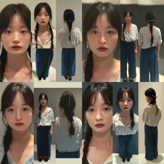 横向排版三视图角色设定图，深灰摄影棚背景，柔和自然侧光，真人实拍质感，电视剧实拍感，左侧近景保留原面部特征圆脸内双无妆，白皙带毛孔绒毛淡红晕细纹路左眼角小痣素银耳钉，黑发挽木簪松编发，中间颈部以下全身正面照裁掉头颈，月白暖米斜襟棉麻衫黛蓝宽腿长裤黑布鞋，右侧全身背面照展盘发木簪衣背剪裁，50mm镜头f/4，清晰锐利，轻微胶片颗粒暗部噪点，3:4比例，安静干净