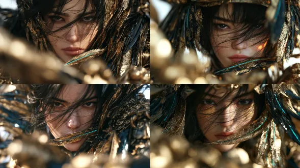 an androgynously beautiful chinese warrior with sharp elegant facial features, dark almond-shaped eyes, loose raven-black hair partially crossing the face, a quiet and dangerous presence. tight asymmetrical close-up, slightly low camera angle, the face framed by extravagant sculptural armor. overlapping feathers made of glossy black lacquer and luminous antique gold rise from the shoulders and curve around the neck and jaw. each feather contains impossibly fine chinese cloud-scroll filigree and delicate translucent bronze membranes. one elongated blade-shaped feather crosses the foreground just beneath the lips. a tiny turquoise glow runs inside the hollow feather veins, illuminating only their finest edges. amber light grazes the cheek and polished gold, deep velvet-black shadows between the layered feathers. soft out-of-focus gold ornaments partially obscure the foreground. one sharply resolved eye becomes the visual anchor, surrounding ornament gradually dissolving into creamy darkness. opulent eastern fantasy portrait, sculptural surrealism, extraordinary ornamental craftsmanship, luminous lifelike skin, jewel-like metal rendering, rich dimensional depth, intimate visual tension, a beautiful living artifact from an unknown dynasty. clean image, smooth shadows, exquisite material separation.