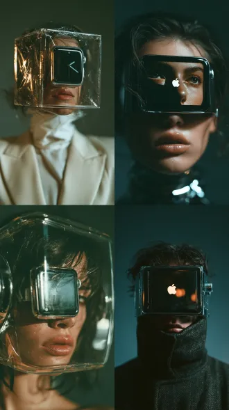 超写实真人cos摄影，第一人称近距离pov，apple watch挡脸，屏幕人脸与身体精准对齐，暗调电影空间，单侧主光，28mm广角，浅景深，柔焦，低饱和冷色调，胶片颗粒，神秘脆弱超现实