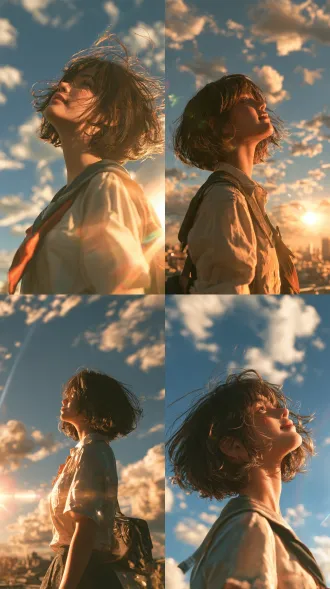 17岁穿夏季校服少女，棕短发，柔目浅笑，站学校楼顶望天空，发丝随风飘动，新海诚风格，黄金时刻，广角镜头，镜头光晕，电影感，高饱和天空，暖金柔光，治愈氛围
