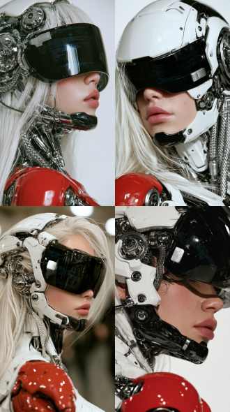 a hyper-realistic side profile portrait of a futuristic female cyborg. white and black glossy ceramic armor plates on the head and neck, intricate silver metal gears, ball joints, and braided steel cables. she has long flowing white hair peeking out from under the helmet. the front half of her face is human-like with pale porcelain skin, realistic pink lips, and a subtle blush. the upper half of her head is covered by a large, glossy black visor with subtle blue holographic digital codes and a small silver rectangular chip. the cybernetic jaw and chin are made of dark chrome. a bright red glossy mechanical shoulder piece is visible at the bottom. pure white background, studio lighting, 8k resolution, highly detailed, cinematic, sci-fi concept art, octane render.
