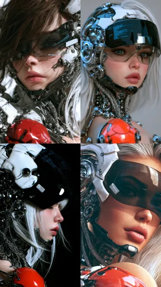 a hyper-realistic side profile portrait of a futuristic female cyborg. white and black glossy ceramic armor plates on the head and neck, intricate silver metal gears, ball joints, and braided steel cables. she has long flowing white hair peeking out from under the helmet. the front half of her face is human-like with pale porcelain skin, realistic pink lips, and a subtle blush. the upper half of her head is covered by a large, glossy black visor with subtle blue holographic digital codes and a small silver rectangular chip. the cybernetic jaw and chin are made of dark chrome. a bright red glossy mechanical shoulder piece is visible at the bottom. pure white background, studio lighting, 8k resolution, highly detailed, cinematic, sci-fi concept art, octane render.