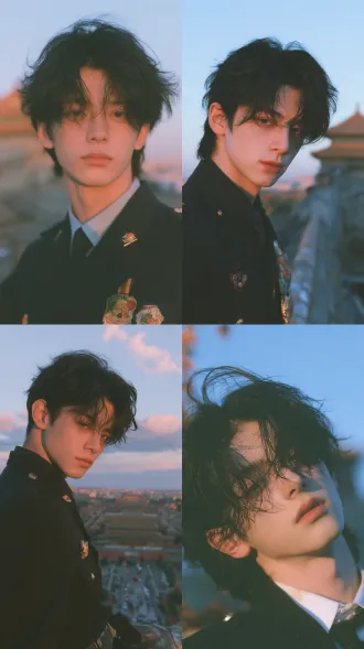 handsome chinese youth, full-body portrait, 全景，first love, korean style，东方审美，秋季，故宫城墙，军官，军官制服，全景，全身，全身，全身，全身