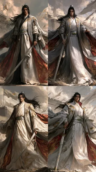 主体： 一位30岁左右的东方古偶武侠盟主，男性，身高182，身形挺拔修长，肩宽腰窄，比例完美，站姿如松，气度清贵。 面部： 极美型东方男性，五官精致立体。眉骨高，眉形利落，鼻梁挺直，唇形薄而清晰，下颌线流畅。皮肤白皙，眉眼深邃，眼神沉静而有力，看人时不躲不闪。左眉尾一道浅浅旧疤，添一分江湖气。嘴角微扬，笑少而轻。 发型： 黑发半束半散，长发及腰，发丝飘逸。发冠为银质，简约精致，刻云雷纹。风起时发随风动，几缕碎发拂过脸颊，潇洒不羁。 服装： 月白色交领锦袍，窄袖，剪裁利落，面料为暗纹提花锦缎。外罩银灰色大氅，风起翻飞，内衬赤金，风一掀如焰。领口、袖口、衣襟绣金线凌霄旗纹与云雷纹。腰间束银带，嵌青金玉扣。整体华丽大气，贵而不俗。 兵器： 长刀，刀身修长，刀背厚，刀锋薄。刀鞘银灰，饰金线暗纹。刀柄缠月白锦布。刀柄系一枚旧玉，是旧盟主遗物。 气质： 东方古偶美型盟主，清贵、飒爽、沉稳。不怒自威，不摆架子。年轻但压得住场。风起时衣发翻飞，如画中人。 画面： 全身立绘，正面，站姿如松，长刀拄地。背景为城头，风卷云涌，大旗猎猎。电影级光影，边缘轮廓光，东方古偶写实风格，高细节，8k。