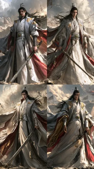 一、中文完整版 主体： 一位30岁左右的东方古偶武侠盟主，男性，身高182，身形挺拔修长，肩宽腰窄，比例完美，站姿如松，气度清贵沉稳。 面部： 电影级真人写实，极美型东方男性，五官精致立体。眉骨高，眉形利落，鼻梁挺直，唇形薄而清晰，下颌线流畅。皮肤白皙，有真实毛孔纹理，眉眼深邃，眼神沉静有力，看人时不躲不闪。左眉尾一道浅浅旧疤。嘴角微扬，笑少而轻。 发型： 黑发半束半散，长发及腰，发丝飘逸。发冠为银质，简约精致，刻云雷纹。风起时发随风动，几缕碎发拂过脸颊。 服装： 月白色交领锦袍，窄袖，剪裁利落，暗纹提花锦缎。外罩银灰色大氅，风起翻飞，内衬赤金，风一掀如焰。领口、袖口、衣襟绣金线凌霄旗纹与云雷纹。腰间束银带，嵌青金玉扣。 武器（关键）： 一把中国长刀，厚背薄刃，刀身微弯，短柄，深色布缠刀柄，银灰刀鞘带暗金纹，刀柄系一枚旧玉，刀尖拄地，刀身垂直。写实金属质感，结构清晰，不是剑，不是棍，不是矛。 气质： 东方古偶美型盟主，清贵、飒爽、沉稳。不怒自威，不摆架子。年轻但压得住场。风起时衣发翻飞，如画中人。 画面： 全身立绘，正面，站姿如松，长刀拄地。背景为城头，风卷云涌，大旗猎猎。整体提亮，左侧柔和主光，右侧边缘轮廓光，逆光打在发丝上，背景云层透出天光。电影级光影，真人实拍质感，东方古偶写实风格，高细节，8k。