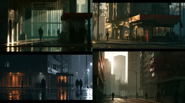 电影级写实，真实拍摄质感，去除 ai 感，场景包含体积光 (volumetric light)、空气悬浮微粒，带有自然胶片颗粒感（filmgrain），背景层次丰富有真实氛围感，电影光影，真实动作重量，空场景建立图，无未写入口，无文字乱码，无品牌标志。公寓楼及街角服务亭：公寓门朝西，电梯在北，管理员台在东；街角亭在楼外南侧。清晨冷光；楼道住户1名、路边行人3名及服务亭排队者2名，