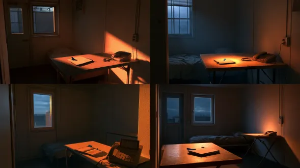 电影级写实，真实拍摄质感，去除 ai 感，场景包含体积光 (volumetric light)、空气悬浮微粒，带有自然胶片颗粒感（filmgrain），背景层次丰富有真实氛围感，电影光影，真实动作重量，空场景建立图，无未写入口，无文字乱码，无品牌标志。傍晚的临时安全屋内景：维修院内一间独立二层宿舍，西门一扇窗透入冷灰天光，桌面上一盏暖夹灯补着暖光，冷暖两色在桌面交叠。房间靠北墙摆一张床，东墙一张折叠桌；桌面上摊着观察册与蓝色纸夹，旁边一部旧调度固话。室外天色将暗未暗，室内冷灰天光与暖夹灯对撞，纸册压在桌面暗部，电器全部断开网络，墙面素净。空间纵深由西窗冷光区、桌面暖灯区、北床暗部三层构成。整体氛围克制冷静，空镜无人，小屋安静紧凑。