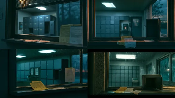 电影级写实，真实拍摄质感，去除 ai 感，场景包含体积光 (volumetric light)、空气悬浮微粒，带有自然胶片颗粒感（filmgrain），背景层次丰富有真实氛围感，电影光影，真实动作重量，空场景建立图，全画幅相机，无未写入口，无文字乱码，无品牌标志。薄暮时分，城外独立保管屋内部：朝街一面开着接收窗，窗内一排分袋封存格与核验台，室内顶灯偏白，窗外透进薄暮灰蓝的光。接收窗台上摊着纸页黄白的原纸授权文件与部分原签，分袋封存格灰蓝一格格列开，其中一联位置空着留待签收。冷白顶光与窗外灰蓝暮色在窗台交叠。空间纵深由接收窗台、室内封存格列、窗外暮色三层构成。整体氛围压抑克制，空镜无人。