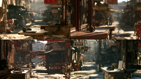 电影级写实，真实拍摄质感，去除 ai 感，场景包含体积光 (volumetric light)、空气悬浮微粒，带有自然胶片颗粒感（filmgrain），背景层次丰富有真实氛围感，电影光影，真实动作重量，空场景建立图，全画幅相机，无未写入口，无文字乱码，无品牌标志。日间自然光下的街市一角：一处交接口临街而设，交接口台面不大，台面上放着一副耳麦与一份外部保管文件。街面被日间自然光照亮，交接口桌面成为画面近景，街市背景虚化、不出现具体店铺牌号，远处街景平展延伸、空无行人，自然光照在交接口台面上。空间纵深由交接口桌面、临街街面、远处街市三层构成。整体氛围紧张，空镜无人。