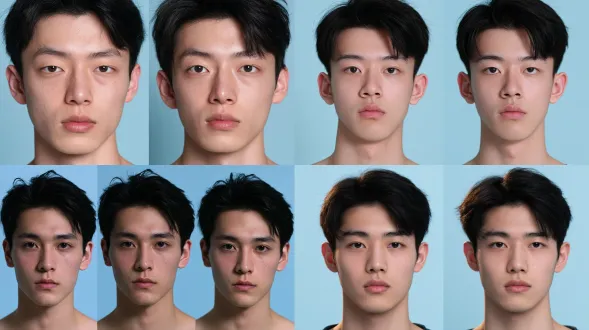 20岁男性，窄长脸，三庭均等，标准五眼比例，眼距适中，脸部长宽偏长，宽平额头，颧骨颧弓适中，下颌线条分明，略尖下巴，面部棱角分明，剑眉，浓淡适中，眉峰微敛，细长偏丹凤眼，内双，眼神沉稳内敛，高挺鼻梁，鼻头鼻翼适中，薄唇，唇峰明显，唇色自然，耳朵大小适中，耳垂适中，肤色偏白，肤质细腻偏干，面部无瑕疵，清俊内敛，书卷气带江湖风霜感。黑发暖金高光仙侠人物，逆光侧逆光，天空蓝背景，硬光打亮边缘，通透闪烁，长焦镜头，冷调暖光对比。