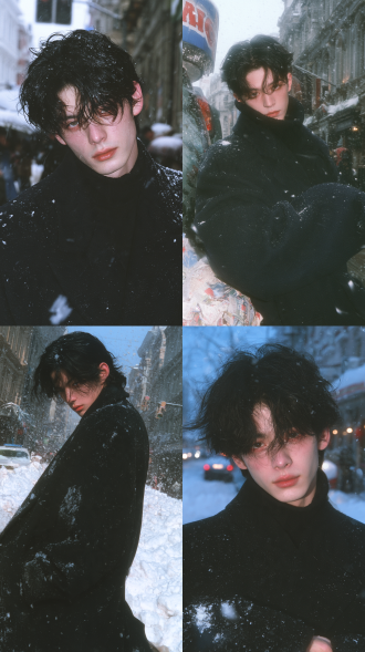 帅气的中国少年，不要长发，全身人像，韩系，初恋，冬季下雪，大衣，街拍