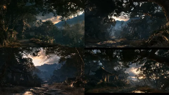 cinematic wide angle panoramic shot, an ancient official road at dusk running through continuous mountain forests, the road narrowing into the distance, dark tree lines on both sides, a small ruined roadside temple visible ahead beneath the fading sky, collapsed roof tiles, broken wooden doors, leaning stone walls, overgrown weeds around the temple, dry grass along the road, distant blue gray mountains, fading amber light mixed with cool evening shadows, empty countryside, quiet ominous atmosphere, subtle mist gathering between the trees, muted dark green, brown and blue gray palette, 24mm wide angle lens, cinematic depth of field, detailed textures of packed earth, old stone, dead grass, timber and roof tiles, restrained chinese historical fantasy realism, high detail realistic 3d cg render with painterly surface treatment, rendered in unreal engine 5, photorealistic