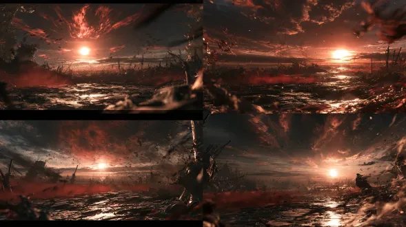 abstract martial training void under a scarlet dying sun, vast red-black atmosphere, distant silhouettes of broken weapons and weathered stone forms, dark crimson mist near the ground, cracked empty battlefield, ash-like particles in strong wind, dramatic low sunlight behind thin clouds, symbolic rather than graphic, no explicit gore, cinematic high-end fantasy cg environment, realistic volumetric haze, pbr stone and aged metal, deep space, restrained red black and charcoal palette, no people, no readable text, no modern objects, no watermark