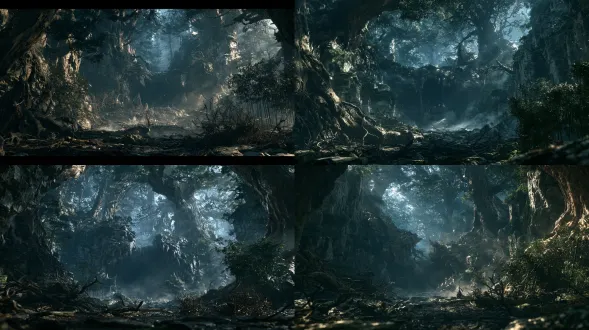 a deadly tiger den deep inside an almost lightless ancient mountain forest, oriental dark fantasy realistic cg, an isolated natural cavern entrance hidden among dense black trees and tangled roots, the jagged rock opening naturally resembling the open jaws of a tiger without becoming a literal creature face, steep rock walls enclosing a narrow dead-end clearing, dark damp earth, scattered weathered stones, broken branches, thick bamboo and thorny shrubs, massive old trees blocking the sky, only a faint cold blue-gray glow filtering through the canopy, deep black shadows swallowing the cave interior, thin ground mist creeping across the entrance, subtle dust drifting in the still air, distant claw marks on the rock surface, oppressive silence, suffocating darkness, overwhelming sense of danger and being trapped, restrained supernatural horror atmosphere, realistic pbr rock, wet soil, bark, roots, bamboo, moss and mist, live-action cinematic photography, hyperreal environmental vfx, dramatic wide composition, cave entrance as the central visual anchor, clear foreground and layered forest depth, single complete 16:9 environment shot, one coherent perspective, no people, no animals, no visible tiger, no yellow weasel, no paper figure, no monster face, no gore, no buildings, no modern objects, no bright sunlight, no colorful palette, no nine-panel grid, no contact sheet, no duplicated trees, no repeated rocks, no spatial distortion, no confused perspective, no excessive glow, no fog covering the cave entrance, no low-poly modeling, no blurry textures, no cheap mobile game style, no watermark, no logo, no random text