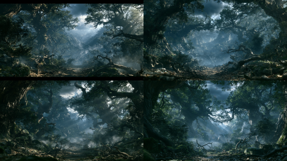 dense mountain forest at the foothills outside huai shu town, oriental dark fantasy realistic cg, the edge of a quiet northern chinese village disappearing into a vast ancient forest, narrow uneven dirt path entering between tall twisted trees, dark bamboo clusters, tangled shrubs, old locust trees, crooked branches, thick roots, moss-covered stones, dry leaves and scattered fallen branches, distant layered mountain slopes fading into cold gray mist, heavy cloud cover above the canopy, pale daylight barely filtering through the dense foliage, deep blue-gray shadows beneath the trees, low mist drifting close to the ground, subtle dust moving in the still air, quiet isolated and ominous atmosphere, realistic pbr soil, bark, bamboo, moss, stones, dry leaves and mist, live-action cinematic photography, hyperreal environmental vfx, wide establishing composition, clear transition from town foothills to deep forest, strong foreground midground and background depth, single complete 16:9 environment shot, one coherent perspective, restrained dark green, charcoal gray, muted brown and dusty yellow palette, no people, no pedestrians, no animals, no tiger, no yellow weasel, no paper figure, no visible being, no buildings dominating the frame, no modern objects, no bright cheerful sunlight, no colorful palette, no nine-panel grid, no contact sheet, no repeated trees, no duplicated rocks, no spatial distortion, no confused perspective, no excessive glow, no thick fog hiding the forest, no low-poly modeling, no blurry textures, no cheap mobile game style, no watermark, no logo, no random text