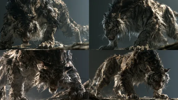 oriental mythic giant tiger demon from a remote ancient mountain wilderness, cinematic live-action creature design, photorealistic high-end 3d creature cg, a gigantic adult tiger demon retaining authentic tiger anatomy and skeletal structure, shoulder height 2.6 meters, nose tip to tail base length 5.2 meters, tail length 2.2 meters, massive yet elongated heavy body, raised shoulder line, broad chest, powerful thick forelimbs, wide tiger skull, ears slightly pressed backward, cold amber vertical pupils, dark yellow-brown short coarse fur, irregular near-black tiger stripes, dirty gray-white fur on the chest, abdomen and lower jaw, fur slightly damp from cold humid mountain air, standing still in a natural quadrupedal pose with all four paws grounded, head slightly lowered, body fully visible from nose to tail, no pounce, no roar, no attack motion, realistic tiger proportions enlarged to supernatural scale, physically believable muscles, heavy hide, detailed paw pads, natural fangs, realistic amber eyes and individual fur strands, no dragon or humanoid elements, sony venice, panavision c series, 24mm lens, f/1.4, full frame, low-angle cool gray key light with an extremely subtle rear-side rim light, dark yellow-brown primary color, near-black stripes and restrained cold amber eye reflections, clean cinematic exposure, realistic pbr fur, skin, muscle, claws, paw pads and teeth, hollywood creature-film color grading, single complete full-body creature design image, dark neutral gray gradient studio background, 16:9 horizontal widescreen composition, entire subject unobstructed and uncropped, no other characters, no multiple subjects, no ordinary domestic tiger, no tiger cub, no white tiger, no cartoon tiger, no western fantasy beast, no lion mane, no dragon head, no horns, no antlers, no wings, no scales, no spikes, no armor, no multiple heads, no multiple tails, no human face, no human hands, no upright humanoid body, no pouncing, no roaring pose, no graphic injury marks, no prey remains, no skeletal remains, no forest narrative background, no trees blocking the subject, no mismatched head, no inconsistent stripes, no fused anatomy, no extra legs, no extra paws, no distorted proportions, no plastic appearance, no rubbery surface, no wireframe, no overexposed glow, no garbled text, no watermark, no logo, no cropped subject, no duplicated subject