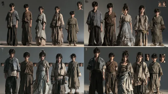 professional group character reference sheet of five distinct village youths from an ancient oriental fantasy world, five unrelated chinese boys and girls approximately twelve to sixteen years old, clearly different faces, hairstyles, heights and body types, no identical features, arranged as five separate full-body character figures in one clean horizontal lineup with clear spacing and no overlap, neutral standing poses, front-facing presentation with small individual facial detail panels, the first boy is slightly tall with a faded blue-gray short jacket and dark trousers, the second boy is thin with a brown crossed-collar shirt and loose trousers, the third girl has shoulder-length tied hair and a muted pale blue layered skirt, the fourth girl has two simple braids and a beige-gray cotton jacket, the fifth boy is shorter with an olive-gray robe and cloth shoes, every outfit has different stitching, collar construction, sleeve shape, waist fastening and hem details, traditional rural clothing with layered cotton jackets, crossed-collar inner shirts, simple waist ties, patched cuffs, hand-stitched seams, uneven woven hems, cloth shoes and faded natural dyes, fully modest opaque clothing, practical village craftsmanship, believable age-appropriate proportions, cinematic photorealistic high-end character cg, realistic matte cotton, linen and aged cloth, restrained gray, faded blue, brown, beige and muted olive palette, sony venice, panavision c series, 50mm lens, f/2.8, full frame, soft cool-gray studio lighting, clean neutral gray gradient background, no environment, no props, no action pose, no overlapping bodies, no identical faces, no modern clothing, no cartoon, no anime, no plastic appearance, no waxy faces, no distorted anatomy, no extra limbs, no random text, no watermark, no logo