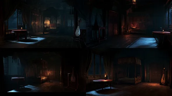 cinematic single view of the exact same third floor guest room inside yicui tower at deep midnight, preindustrial eastern fantasy world of the daqian dynasty. the scene must be unmistakably nighttime, very dark and low key, with no daylight and no bright exterior illumination. a redwood round table stands beside the window, a polished purple sandalwood rack in the corner holds one glossy pipa, and a carved wooden bed with a lowered canopy occupies the inner side of the room. one small candle on a simple candle stand provides a weak dim amber light only near the table, while the only light entering through the window is faint cool silver moonlight with very low intensity. the moonlight creates a narrow soft blue silver patch on the floor and table edge, while most of the room remains in deep natural shadow. the window shows a dark night exterior with no visible bright sky. the carved wooden entrance door remains closed on the corridor side. same architecture and unchanged furniture positions, clear connected spatial layout, high detail semi realistic chinese animation environment, cinematic 3d cg, painterly surface treatment, realistic pbr wood, silk, porcelain and bronze textures, low exposure night cinematography, deep shadows, restrained contrast, 28mm lens, empty scene