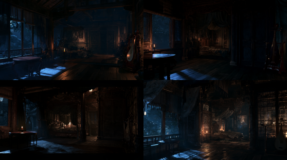 cinematic single view of the exact same third floor guest room inside yicui tower at deep midnight, preindustrial eastern fantasy world of the daqian dynasty. the scene must be unmistakably nighttime, very dark and low key, with no daylight and no bright exterior illumination. a redwood round table stands beside the window, a polished purple sandalwood rack in the corner holds one glossy pipa, and a carved wooden bed with a lowered canopy occupies the inner side of the room. one small candle on a simple candle stand provides a weak dim amber light only near the table, while the only light entering through the window is faint cool silver moonlight with very low intensity. the moonlight creates a narrow soft blue silver patch on the floor and table edge, while most of the room remains in deep natural shadow. the window shows a dark night exterior with no visible bright sky. the carved wooden entrance door remains closed on the corridor side. same architecture and unchanged furniture positions, clear connected spatial layout, high detail semi realistic chinese animation environment, cinematic 3d cg, painterly surface treatment, realistic pbr wood, silk, porcelain and bronze textures, low exposure night cinematography, deep shadows, restrained contrast, 28mm lens, empty scene