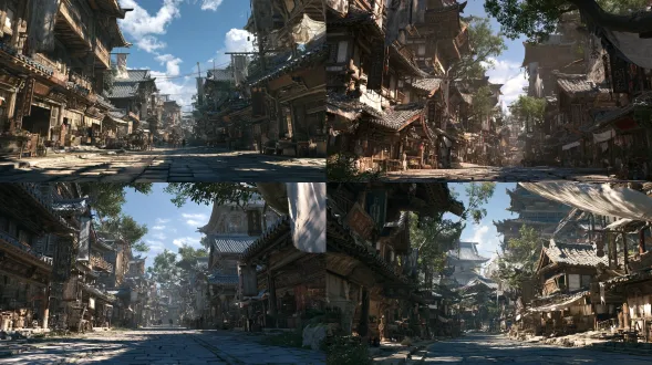 cinematic single view of dong street in blackstone county during daytime, prosperous town street in the preindustrial eastern fantasy world of the daqian dynasty. a broad clean blue stone road wide enough for three or four horse carriages side by side, dense traditional storefronts on both sides, cloth shops, grain stores, medicine shops, jewelry stores and tea houses with varied wooden signs and fabric banners. carefully maintained timber facades, painted eaves, gray tiled roofs, clean stone paving, orderly shop fronts and clear walking routes. the street feels busy and prosperous through architectural details and open commercial space, without showing any people. soft daylight, balanced exposure, clear atmospheric depth, high detail semi realistic chinese animation environment, cinematic 3d cg, painterly surface treatment, realistic pbr wood, stone, fabric and plaster textures, eye level 24mm wide angle lens, empty scene