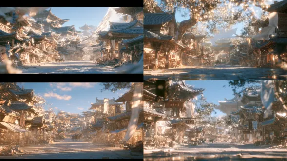 cinematic single view of dong street in blackstone county during daytime, prosperous town street in the preindustrial eastern fantasy world of the daqian dynasty. a broad clean blue stone road wide enough for three or four horse carriages side by side, dense traditional storefronts on both sides, cloth shops, grain stores, medicine shops, jewelry stores and tea houses with varied wooden signs and fabric banners. carefully maintained timber facades, painted eaves, gray tiled roofs, clean stone paving, orderly shop fronts and clear walking routes. the street feels busy and prosperous through architectural details and open commercial space, without showing any people. soft daylight, balanced exposure, clear atmospheric depth, high detail semi realistic chinese animation environment, cinematic 3d cg, painterly surface treatment, realistic pbr wood, stone, fabric and plaster textures, eye level 24mm wide angle lens, empty scene