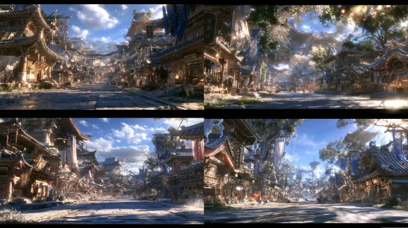 cinematic single view of dong street in blackstone county during daytime, prosperous town street in the preindustrial eastern fantasy world of the daqian dynasty. a broad clean blue stone road wide enough for three or four horse carriages side by side, dense traditional storefronts on both sides, cloth shops, grain stores, medicine shops, jewelry stores and tea houses with varied wooden signs and fabric banners. carefully maintained timber facades, painted eaves, gray tiled roofs, clean stone paving, orderly shop fronts and clear walking routes. the street feels busy and prosperous through architectural details and open commercial space, without showing any people. soft daylight, balanced exposure, clear atmospheric depth, high detail semi realistic chinese animation environment, cinematic 3d cg, painterly surface treatment, realistic pbr wood, stone, fabric and plaster textures, eye level 24mm wide angle lens, empty scene