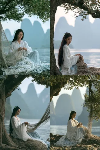 chang'e as a young chinese fisher girl, long black hair with a translucent green jade hairpin, simple white and pale blue hanfu, sitting under an osmanthus tree weaving a fishing net, calm gentle eyes with quiet intelligence, li river and karst peaks in soft mist background, chinese mythology short film character design, cinematic film still, photorealistic with subtle chinese ink-wash texture, soft volumetric light, muted jade-green and grey palette, detailed costume, expressive face, 85mm lens, shallow depth of field