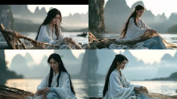 a 20-year-old young ancient chinese fisher girl, long black hair, a translucent green jade hairpin in her hair, simple hanfu in plain white and pale blue, sitting by the river weaving a fishing net, calm and gentle eyes with quiet wisdom, soft afternoon side backlight, background of li river and karst peaks wrapped in thin mist, character design for a chinese mythology short film, cinematic film still, photorealistic, subtle chinese ink-wash texture, muted jade-green and grey color palette, highly detailed costume, vivid facial expression, shot on 85mm lens, shallow depth of field