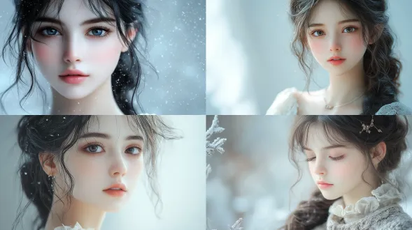 国风少女半身肖像，16:9横屏构图，浅灰雾感背景，柔化漫射光，浅冷灰调，浅景深虚化，细腻皮肤纹理，清冷忧郁气质，ue5级渲染，高级艺术人偶摄影质感。