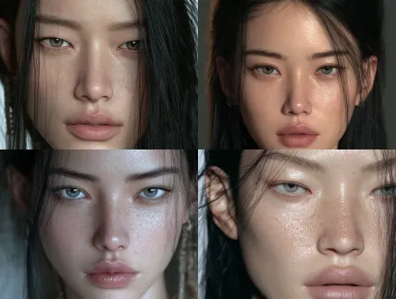 high-end semi-realistic 3d cgi portrait of an original 25-year-old adult east asian woman, a rare and captivating blend of quiet authority, unwavering inner strength and graceful feminine warmth, exquisite bjd collectible art doll aesthetics combined with believable human facial anatomy, beautifully balanced oval face, refined cheekbones, a clean elegant jawline, naturally straight eyebrows with subtly defined arches, long almond-shaped eyes with a steady penetrating gaze and gentle warmth in the lower eyelids, naturally elevated outer eye corners, clear intricate irises, a straight refined nose bridge, delicate nose tip, beautifully defined yet softly contoured lips, relaxed mouth with the faintest restrained smile, calm self-possessed expression, dignified and unyielding presence without aggression, compassionate eyes beneath an composed exterior, strength expressed through facial bone structure and gaze, tenderness expressed through subtle facial softness and restrained expression, elegant black hair with meticulously groomed strands, understated luxurious accessories, sophisticated east asian beauty, realistic skin microtexture, delicate pores, subtle subsurface scattering, soft porcelain-like complexion without plastic shine, cinematic luxury fashion editorial photography, large diffused softbox key light, gentle facial fill light, sculpting side light defining cheekbones and jawline, subtle rim lighting on hair, controlled highlights, physically based rendering, exquisite 3d facial sculpt, 85mm portrait lens aesthetic, eye-level close-up, head and shoulders composition, sharply focused eyes, softly blurred elegant background, nuanced cinematic color grading, premium cgi character art, powerful yet gentle, composed yet compassionate, elegant and unforgettable