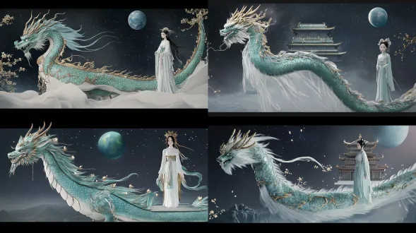 first-person pov riding a cyan-green and gilded eastern divine dragon perspective, 3ds max 3d rendering, hayao miyazaki studio ghibli hand-painted watercolor atmosphere, cinematic widescreen 16:9, cool-toned moon-white ice-blue silver-gray dominant color palette, accented with warm gold osmanthus, pale blue earth, and verdant jade-green gilded divine dragon coloring, low-saturation translucent watercolor texture, soft healing cool-toned atmosphere. at the lower edge of the frame is the cyan-green gilded eastern divine dragon, with fine emerald scales, gilded outlines, silvery-white flowing mane and dragon whiskers, the divine dragon flying forward; on both sides of the frame, moon laurel branches sweep backward, golden osmanthus flowers drift down, floating ice crystal stardust and thin mist, below is a lunar crater rubble slope; in the midground, the guanghan palace suspended above a lunar valley, chinese white jade double-eaved palace halls, flying eaves and dougong brackets entwined with laurel vines, the palace base融合 the ancient low-speed operating mechanical floating foundation of laputa from castle in the sky, on the terrace beneath a laurel tree stands a pale ice-blue xianxia woman, wide-sleeved gauze hanfu, crystal silver tassel hair ornaments, cool and gentle, a jade rabbit at her feet; in the background, deep ink-black starry sky, brilliant milky way, a giant azure earth suspended in the upper right sky, hazy undulating distant lunar mountains, permeated with stardust mist. cool soft side-top moonlight, tyndall volumetric light passing through laurel trees and mist, warm diffuse reflection light on jade wall eaves and gilded dragon scales, tranquil and ethereal, gentle narrative feel, cinematic depth of field, fine pbr materials, particle stardust and osmanthus flowers slowly drifting backward, 8k.