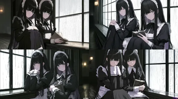 subject: two identical twin maid girls, long straight black hair, hime cut bangs, pale skin, grey eyes. wearing classic black and white victorian maid dresses with frilled headdresses. action: sitting side by side on a deep wooden window sill. one is hugging her knees looking out the window, the other is holding a vintage book but glancing secretly at her twin. environment: a vintage european-style mansion interior, dark wooden floor. outside the large floor-to-ceiling window is a heavy rainy day. raindrops streaking down the glass. lighting & style: soft overcast cool light from the window, subtle warm glow from a distant indoor wall lamp (warm/cool contrast). cinematic composition, lots of negative space showing the dark room. melancholic and quiet atmosphere. anime illustration, japanese manga style, muted color palette, delicate line art, highly detailed.