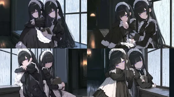 subject: two identical twin maid girls, long straight black hair, hime cut bangs, pale skin, striking light purple eyes (pale violet eyes). wearing classic black and white victorian maid dresses with frilled headdresses. action: sitting side by side on a deep wooden window sill. one is hugging her knees looking out the window, the other is holding a vintage book but glancing secretly at her twin. environment: a vintage european-style mansion interior, dark wooden floor. outside the large floor-to-ceiling window is a heavy rainy day. raindrops streaking down the glass. lighting & style: soft overcast cool light from the window, subtle warm glow from a distant indoor wall lamp. cinematic composition, lots of negative space showing the dark room. melancholic, mysterious and quiet atmosphere. anime illustration, japanese manga style, muted color palette, delicate line art.