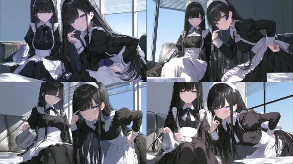 subject: two identical twin maid girls, long straight black hair, hime cut bangs, pale skin, striking light purple eyes. wearing classic black and white victorian maid dresses. character a (left): expressionless, deadpan face, calm, sitting upright on a modern sofa, holding a silver teapot, pouring tea. character b (right): playful and tsundere, leaning forward towards character a, one hand on her hip, the other hand playfully poking character a's cheek, blushing cheeks, slightly pouting, lively eyes. environment: modern minimalist luxury apartment interior, large floor-to-ceiling windows, sleek leather sofa, marble coffee table, modern aesthetic interior design. lighting & style: soft cinematic afternoon sunlight filtering through window blinds, casting elegant dappled shadows on the floor and their faces. the vintage maid outfits contrast beautifully with the modern background. japanese anime illustration, refined line art, delicate shading, high quality.