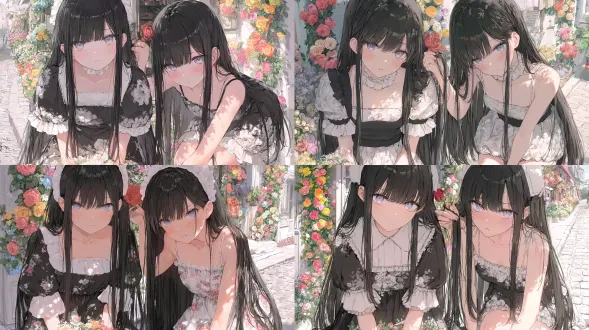 subject: two identical twin girls, long straight black hair, hime cut, pale skin, striking light purple eyes. character a (left): wearing a vintage french square-neck floral midi dress. expressionless but with a faint, serene smile, holding a bouquet of flowers. character b (right): wearing a spaghetti-strap floral mini dress. mischievous tsundere look, blushing cheeks, playfully tucking a red rose behind character a's ear. environment: a vibrant european-style street corner flower shop, colorful blooming climbing roses on the wall, cobblestone street. lighting & style: bright afternoon sunlight, soft dappled shadows from the flowers, pastel color palette. romantic, sweet, and slightly alluring atmosphere. high quality anime illustration.